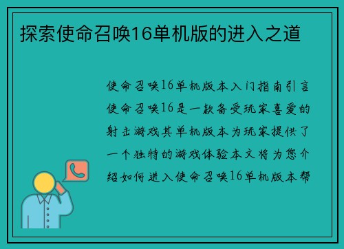 探索使命召唤16单机版的进入之道